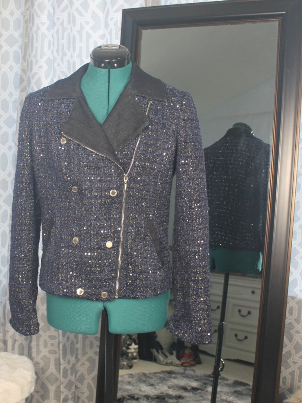 WHBM Navy Sequin Tweed Moto Jacket – Metallic Lurex, Size 6